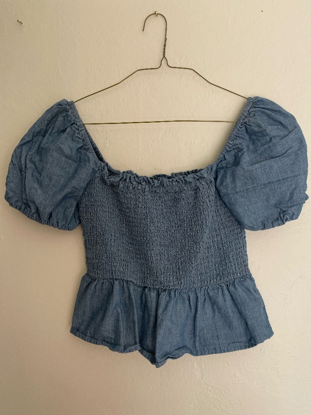 J Crew Denim Shirred Peplum Puff Sleeve Top